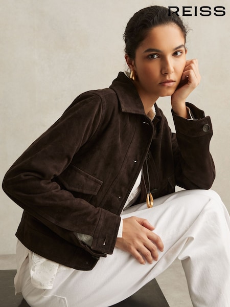 Reiss Chocolate Brown Hanson Suede Trucker Jacket (F70361) | €551