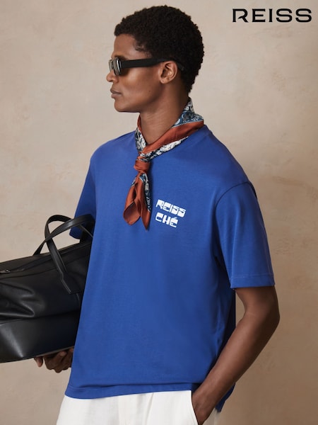 Reiss Blue Roda Reiss | Ché Cotton Palm-Print T-Shirt (F70370) | €104