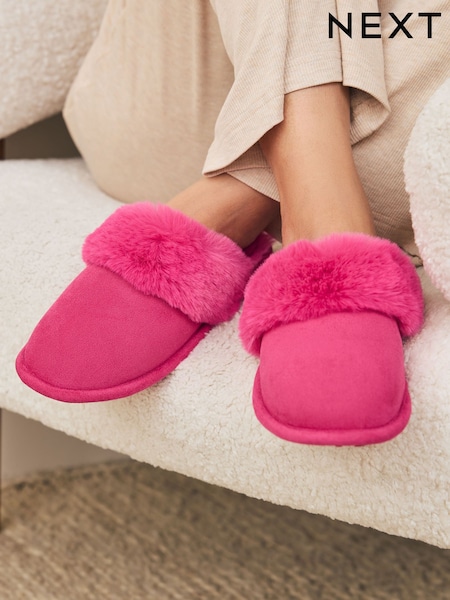 Pink Faux Fur Suede Mule Slippers (F70402) | €19