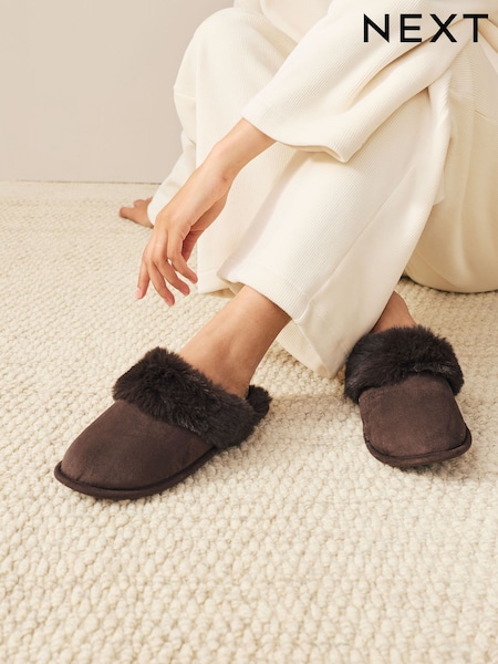 Chocolate Brown Faux Fur Suede Mule Slippers (F70403) | R$ 120
