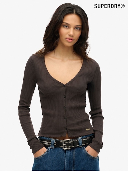 Superdry Brown 100% Cotton Essential Button Long Sleeve Top (F70446) | ₪126