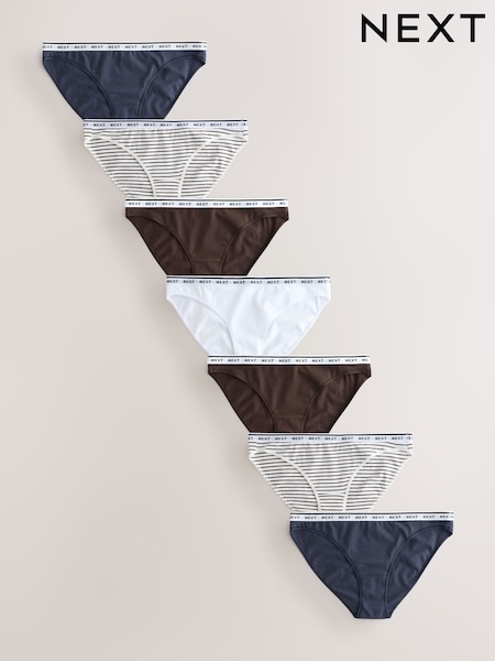 Navy/Chocolate Stripe High Leg Cotton Logo Knickers 7 Pack (F70462) | €32