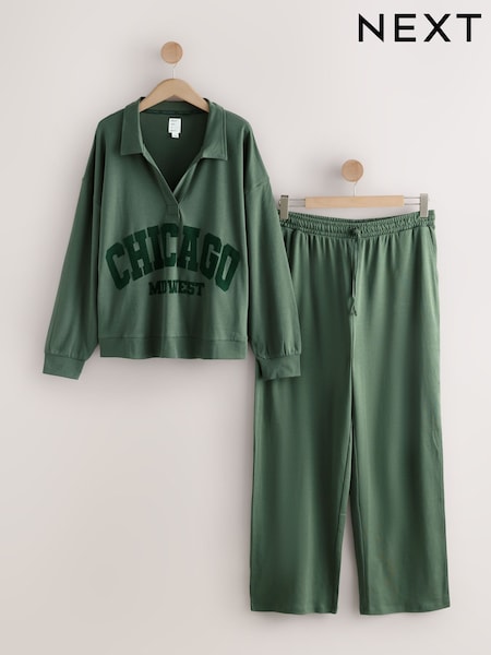 Khaki Green City Graphic Long Sleeve Pyjamas (F70528) | 144 QAR