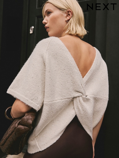 Kremna z bleščicami - Twist Back Knitted Poncho (F70541) | € 41