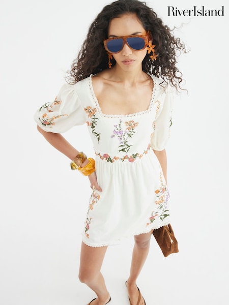 River Island White 100% Cotton Craft Mini Dress (F70557) | 3,725 UAH
