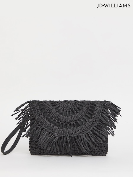 JD Williams Black Fringe Raffia Clutch Bag (F70584) | €37