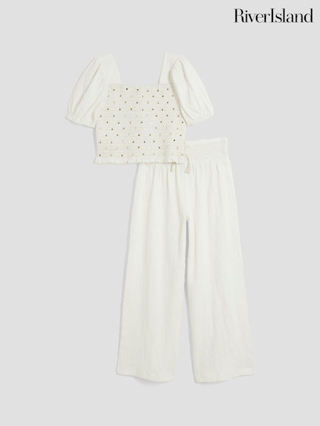River Island White Girls Lurex Shirred 100% Cotton Top Set (F70712) | €40