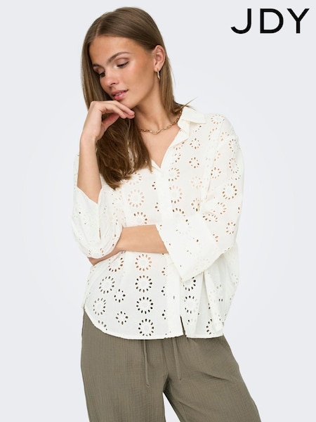 JDY White Long Sleeve Broderie Shirt (F70715) | ₪176