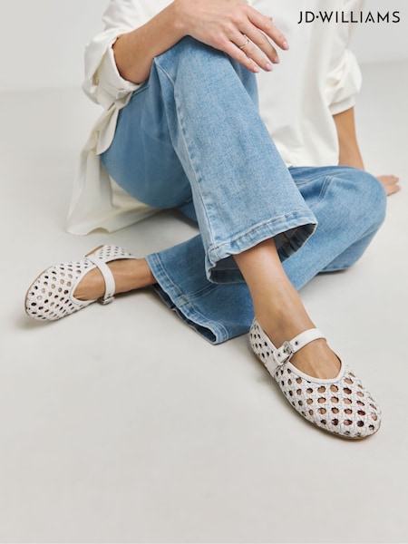 JD Williams Cream Wide Fit Leather Woven Mary Jane Ballerinas In Standard Fit (F70819) | €84