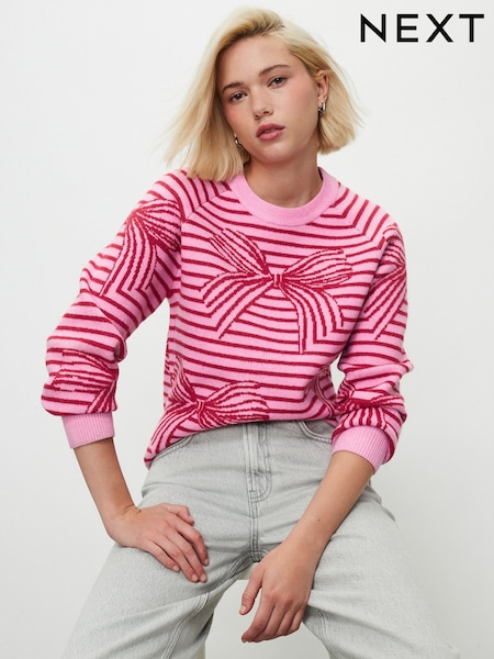 Pink/Red Stripe Bow Super Soft Crew Neck Long Sleeve Jumper (F70848) | AED126