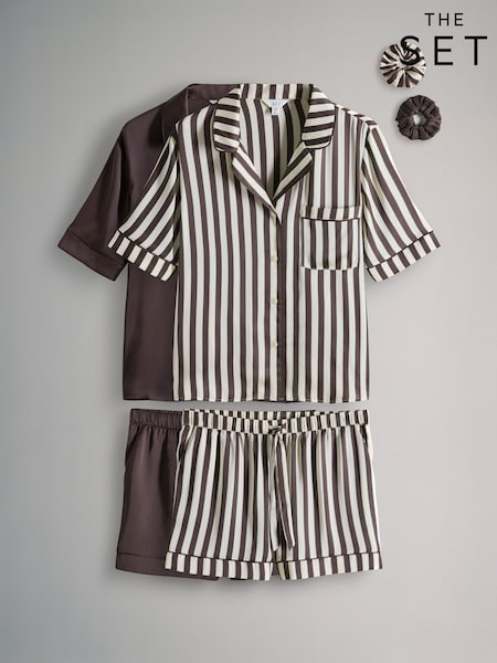The Set Chocolate Brown/Chocolate Stripe 2 Pack Satin Short Pyjamas Set (F70853) | R$ 345