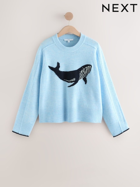 Light Blue Whale Crew Neck Knitted Jumper with Wool (F70854) | AED126