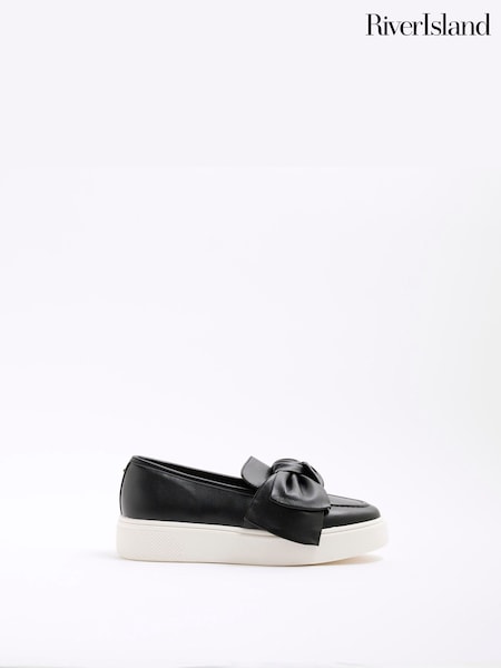 River Island Black Wide Fit Slip on Bow Trainers (F70905) | ₪181