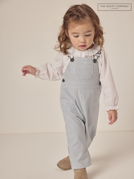 The White Company Blue 100% Organic Cotton Stripe Twill Dungaree & Frill Collar Blouse Set (F70945) | R$ 395 - R$ 415