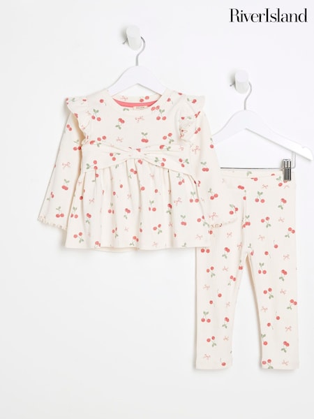 River Island Light Cream Girls Bow Rib Peplum Top Set (F70987) | 901 UAH