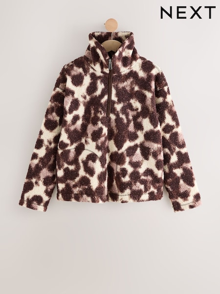 Chcolate/Pink Leopard Animal Print Teddy Borg Cosy Quarter Zip Fleece (F71049) | R$ 280