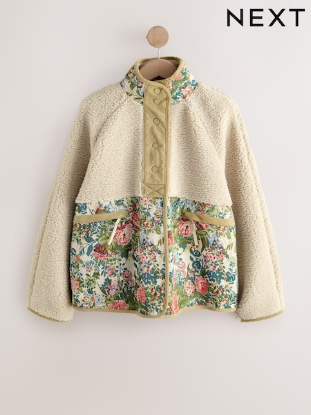 Ecru/Pink Floral Print Polyester Borg Woven Button Through Jacket (F71051) | €64