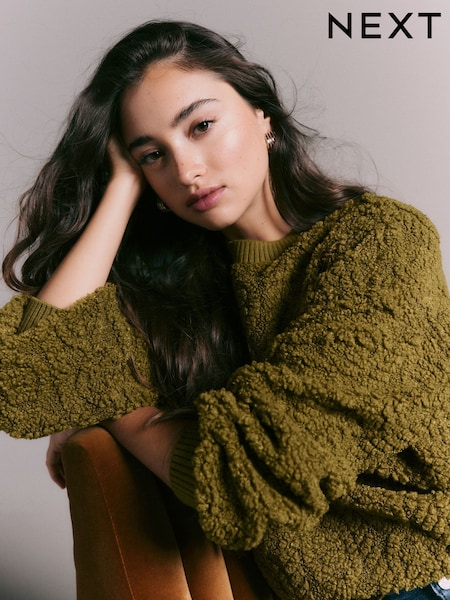 Olivgrün - Fluffy Soft Borg Cable Long Sleeve Crew Neck Sweatshirt (F71064) | 47 €