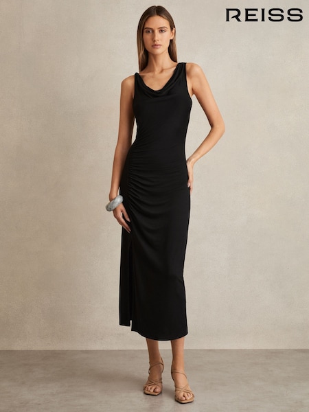 Reiss Black Paige Cowl-Neck Ruched Jersey Midi Dress (F71406) | €213