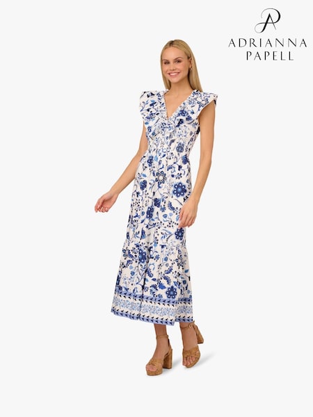 Adrianna by Adrianna Papell Printed Ruffle 100% Cotton White Dress (F71414) | ₪800