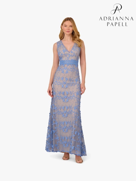 Adrianna Papell Blue Embroidered Lace V-Neck Gown (F71420) | €383