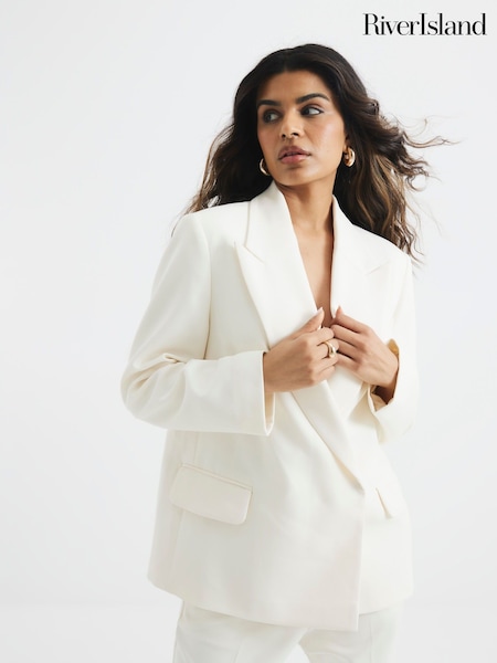 שמנת - River Island Oversized Petite Double Breasted Blazer (F71435) | ‏347‏₪