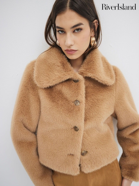 River Island Brown Button Up Faux Fur Jacket (F71439) | €92