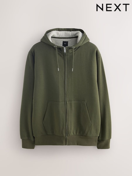 Khaki Green Borg Fleece Lined Zip-Up Hoodie (F71448) | 272 QAR