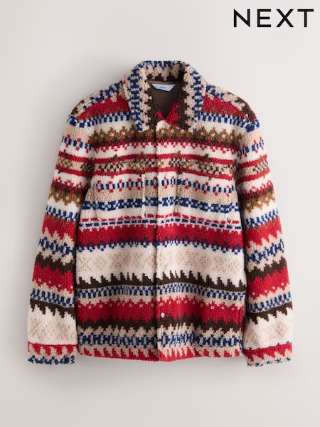 Neutral Ecru/Red Fairisle Printed Fleece Popper Shacket (F71475) | R$ 525