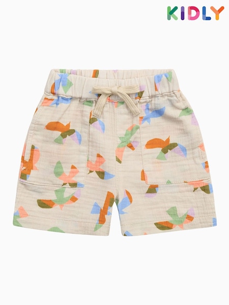 KIDLY BY MORI Cream Bird Print  Cotton Muslin Shorts (F71529) | €28