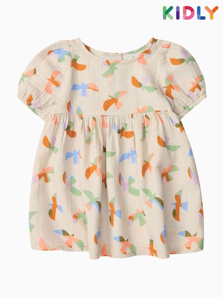 KIDLY BY MORI Cream Bird Print  Cotton Dress (F71530) | AED163
