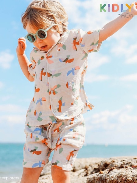 KIDLY BY MORI Cream Bird Print  Cotton Muslin Dress (F71571) | €37