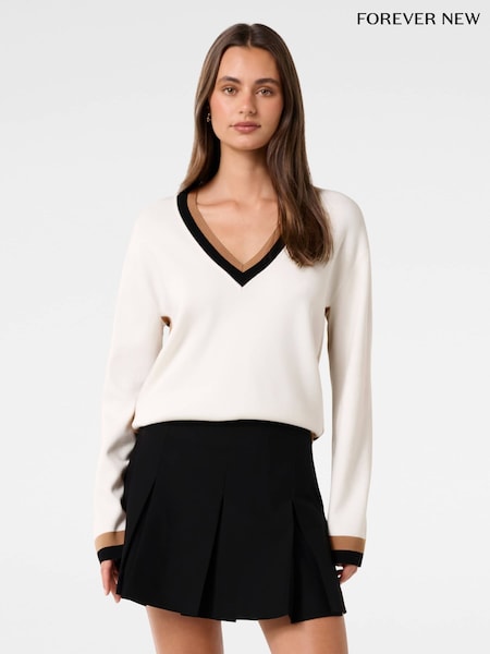Forever New White Rose Striped Trim Sweater (F71615) | €102