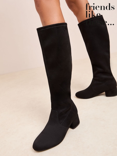 Friends Like These Black Wide Fit Low Block Heel Faux Suede Knee High Sock Boots (F71621) | €65