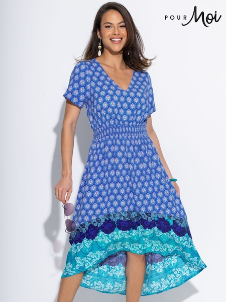 Pour Moi Blue Border Print High Low Midaxi Beach Dress (F71664) | ₪226