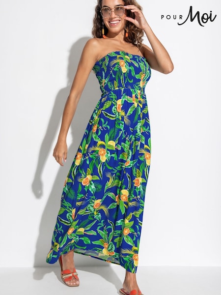 Pour Moi Blue Dark Strapless Shirred Bodice Woven Maxi Beach Dress (F71669) | €69