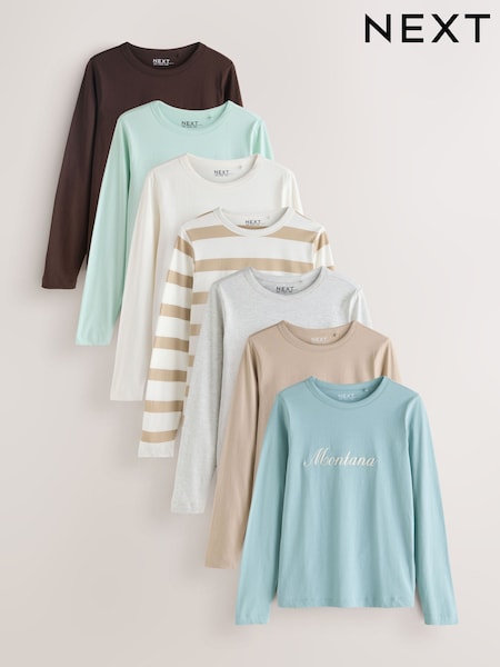 Pink/Sage/Black/Brown/Stripe 7 Pack Long Sleeve Crew Neck T-Shirts (F71698) | €78.50
