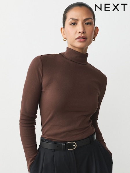 Chocolate Brown Ribbed Roll Neck Long Sleeve T-Shirt (F71720) | €17.50