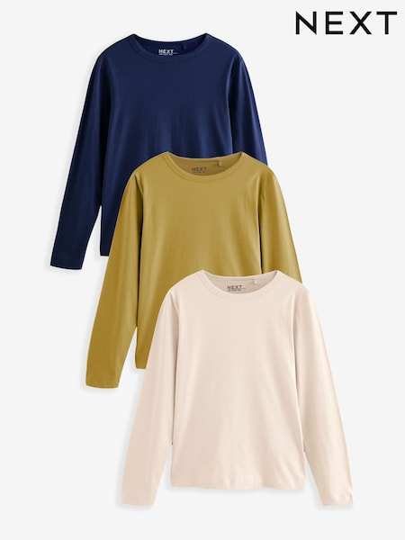 Khaki/Ecru/Navy Crew Neck Long Sleeve T-Shirts 3 Pack (F71727) | €30