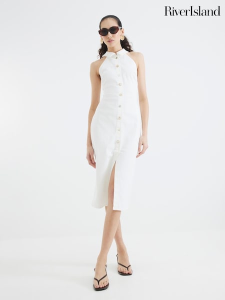 River Island White 100% Cotton Shell Button Dress (F71958) | €64
