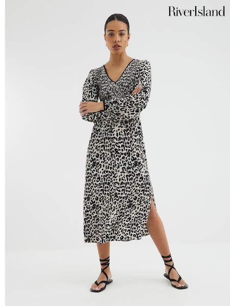 River Island Cream Shirred Bodice Leopard Print Midi Dress (F71959) | €60