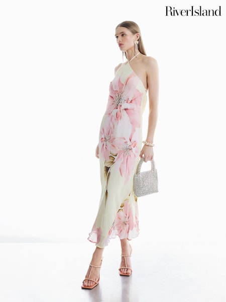 River Island Yellow Halter Neck Embellished Maxi Dress (F71960) | €105