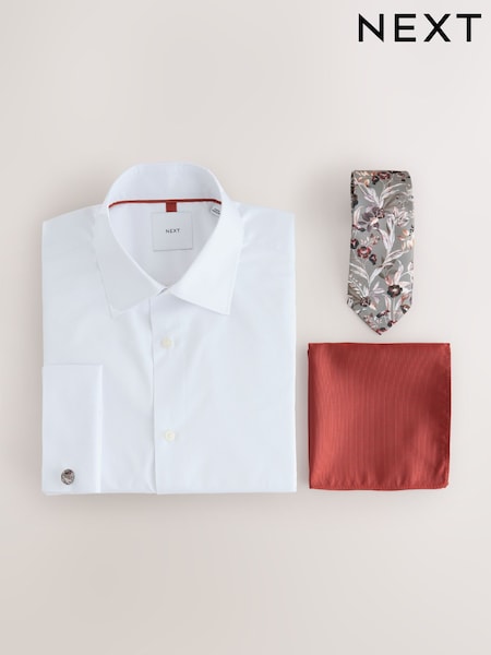 White/Rust Orange Floral Slim Fit Occasion Shirt And Tie Set (F71979) | €43