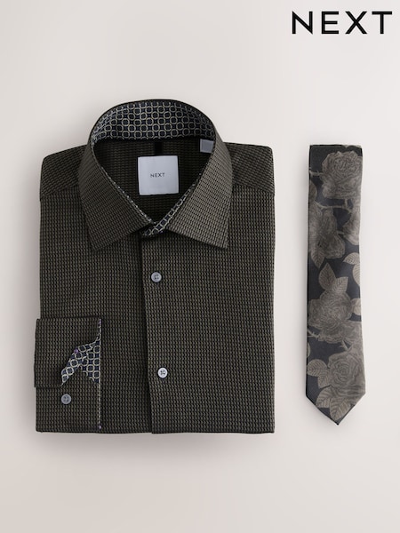Brown/Bronze Floral Regular Fit Shirt And Tie Party Pack (F72002) | AED184