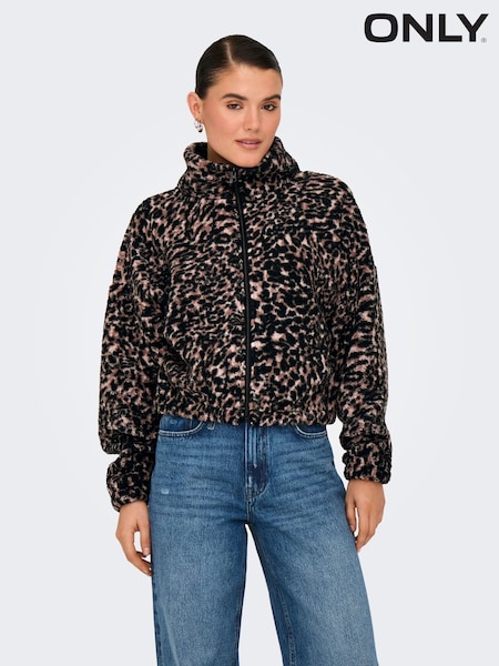 ONLY Black Leopard Print Zip Up Teddy Fleece (F72051) | ₪191