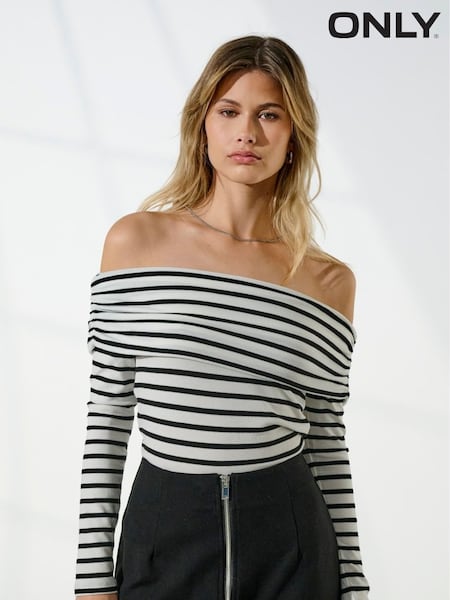 ONLY White Striped Bardot Long Sleeve Top (F72101) | kr357