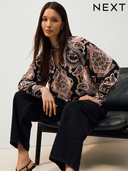 Paisley Print Long Sleeve Twist Neck Jersey Blouse (F72114) | SGD 59