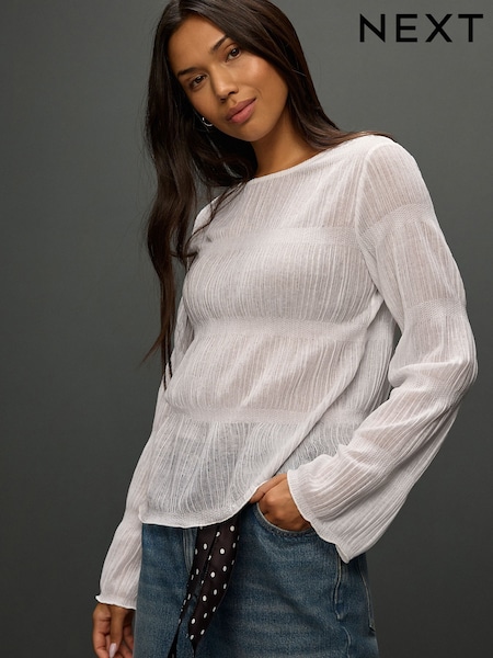 White Shirred Long Sleeve Crew Neck Top (F72116) | €38