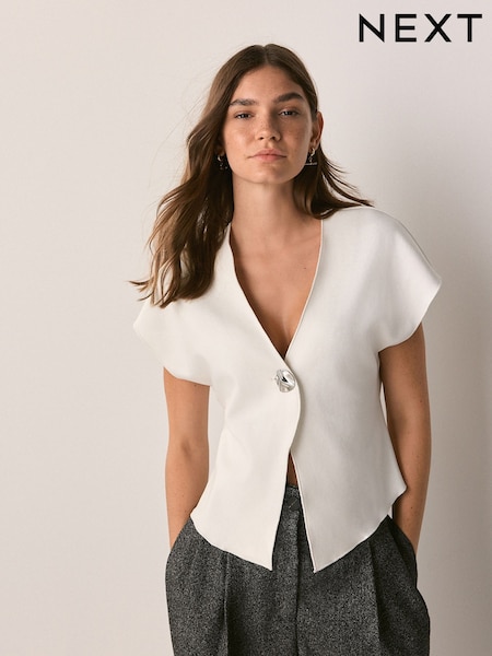 بيج فاتح - Hardware V-Neck Short Sleeved Waist Coat (F72127) | ‏151 د.إ.‏