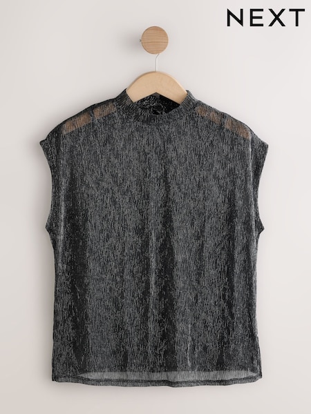 Silver/Black Metallic Sparkle Sheer Layer Cap Sleeve Top (F72131) | AED76